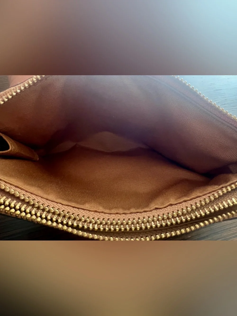 Coach F87590 Pebble Leather Double Zip Wristlet Wallet Camel EUC